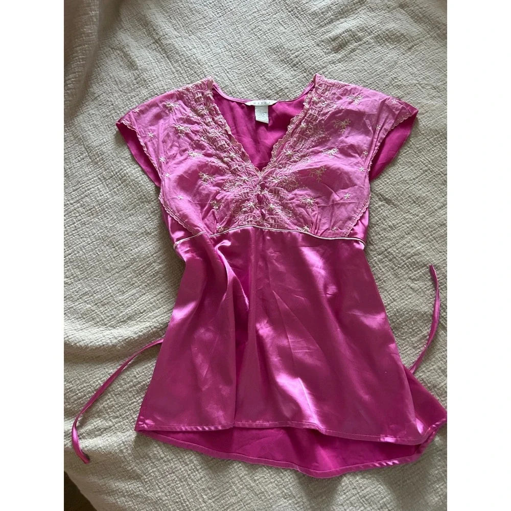 Vtg Tweeds Pink Embroidered Babydoll Cap Sleeve Tunic Tie Waist L Coquette Fairy - Picture 5 of 14